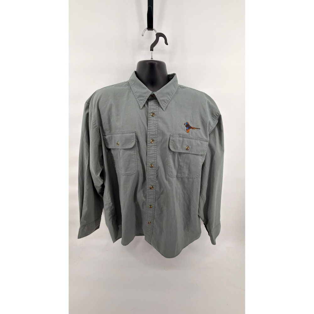 Vintage Cabelas Upland Hunting Shirt XL Gray Embroidered Pheasant Canvas LS